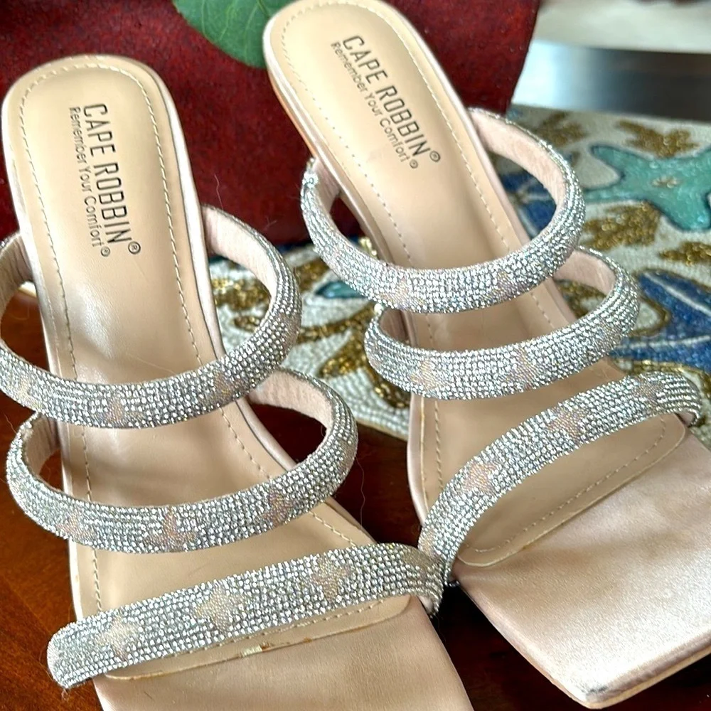 Cape Robbin Rhinestone Multi-Strap Square Toe High Heels Stilettos Sparkly Beige